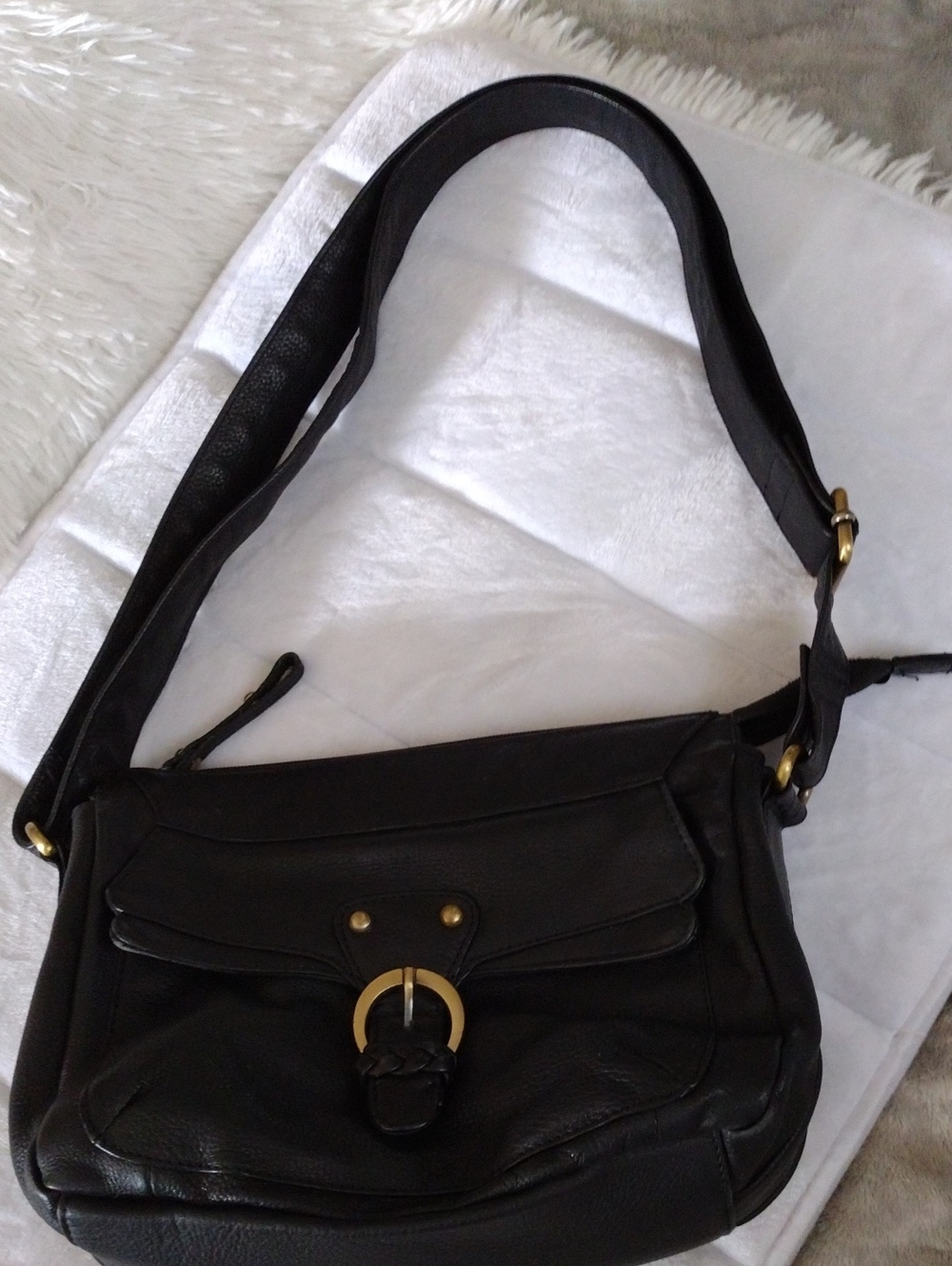 Black Leather Shoulder Bag with Gold Hardware
